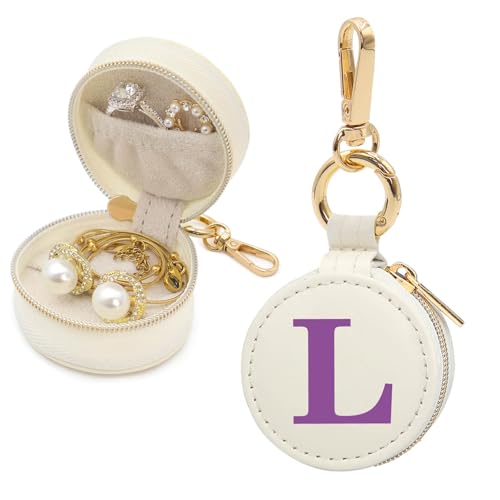 Mini Initial Travel Jewelry Case Ring Holder, Beige Faux Leather Small Jewelry Organizer Box Gifts for Women Girls Nurse Teacher, Gym Travel Accessories Keychain Pouch for Earrings Rings Necklace L - color: Beige, size: Leather-L