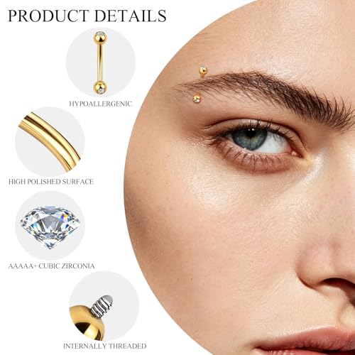 Xpircn Rook Daith Eyebrow Piercing Jewelry 16G Stainless Surgical Steel Curved Barbell Eyebrow Rings Vertical Labret Lip Piercing Jewelry Rook Daith Earrings for Women Men - color: Gold