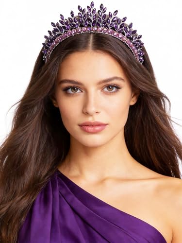 Bridal Rhinestone Headband Wedding Hair Accessories for Women, Pearl Crystal Headband Wedding Costume Headpieces for Brides Princess Quinceanera Christmas Party Prom Birthday(Purple) - color: Purple