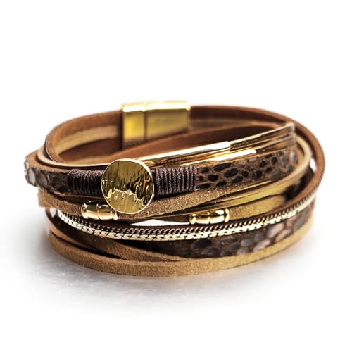 Fesciory Leather Wrap Bracelet for Women, Boho Western Layered Cuff Jewelry | Stackable Bracelets, Easy-On Clasp, Daily Wear, Pairs with Boho Western Outfits, Gift for Women - color: Brown5