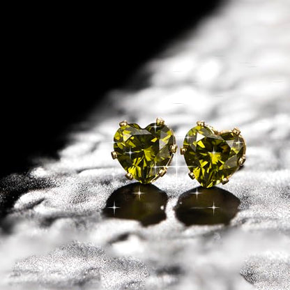 8mm Heart-Cut Birthstone Stud Earrings for Women – 18K Gold Plated Hypoallergenic Cubic Zirconia Earrings, Nickel Free, 12 Months Colors, Everyday Jewelry, Gift for Her, Bridal, Birthday, Christmas - color: 08 Aug Peridot