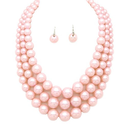 Fashion 21 Women's Faux Pearl Three Multi-Strand Statement Necklace and Earrings Set - color: Light Pink