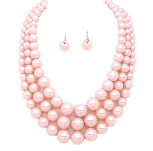 Fashion 21 Women's Faux Pearl Three Multi-Strand Statement Necklace and Earrings Set - color: Light Pink