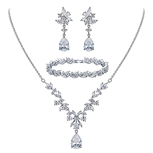 EleQueen Women's Wedding Bridal Jewelry Set for Brides Bridesmaids, Silver/14K Gold/Rose Gold Plated Cubic Zirconia Teardrop Necklace Dangle Earrings Bracelet Sets for Party Prom - color: 01-Silver-Necklace+Earrings+Bracelet