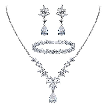 EleQueen Women's Wedding Bridal Jewelry Set for Brides Bridesmaids, Silver/14K Gold/Rose Gold Plated Cubic Zirconia Teardrop Necklace Dangle Earrings Bracelet Sets for Party Prom - color: 01-Silver-Necklace+Earrings+Bracelet