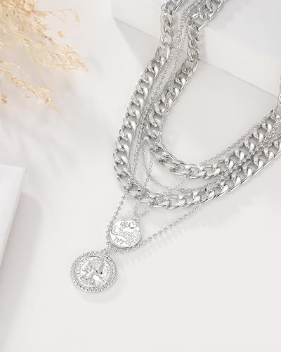 MJartoria Layered Necklaces for Women Trendy Retro Coin Pendant Necklace Dainty Chunky Chain Necklaces for Jewelry Birthday Gifts - color: Silver, style: A-Retro Coin-2PCS