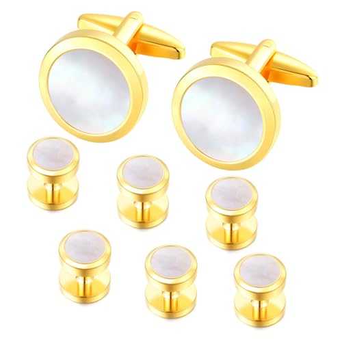 Mens Cufflinks and Tuxedo Shirt Studs Set with Gift Box - color: Gold/Fritillaria