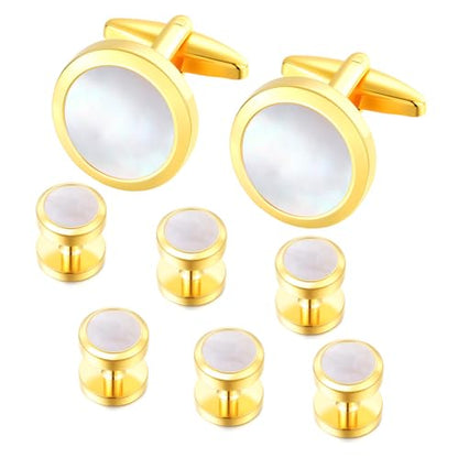 Mens Cufflinks and Tuxedo Shirt Studs Set with Gift Box - color: Gold/Fritillaria