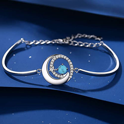 FANCIME Birthstone Bracelets 925 Sterling Silver Moon and Star Bangle Charm Bracelet Fine Jewelry Anniversary Birthday Mothers Day Gifts for Mom Her Women, Adjustable Chain 6.7"+1.2" Extend - color: Dec.- Turquoise