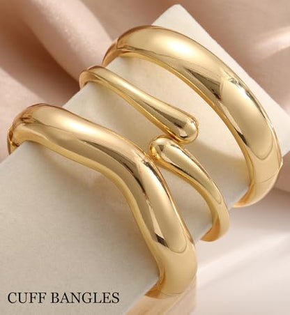 Chunky Gold Bangle Bracelets for Women, 14k Gold Plated Dainty Cuff Stackable Bangles Set, Trendy Bracelet Stack Fashion Jewelry Gifts - color: 03-GOLD