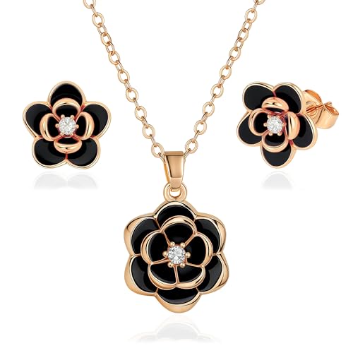 EVEVIC Dainty Flower Pendant Necklace Earrings for Women 14K Gold Plated Hypoallergenic Jewelry Sets - color: Black /Rose Gold-tone