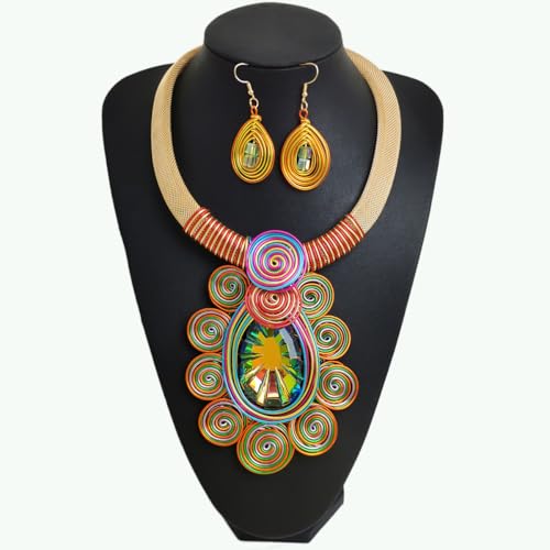 African Jewelry Sets Statement Big Crystal Pendent Necklace Earrings Set For Women Handmade Bib Collar Costume Tribal Fashion Accessories - color: KDLUN5305 Multicolor