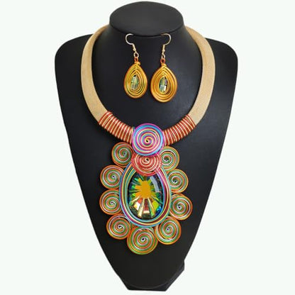 African Jewelry Sets Statement Big Crystal Pendent Necklace Earrings Set For Women Handmade Bib Collar Costume Tribal Fashion Accessories - color: KDLUN5305 Multicolor