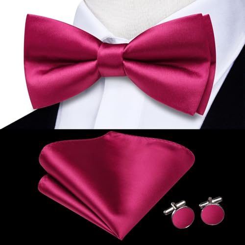 Hi-Tie 5Pcs Mens Solid Color Silk Tie Satin Pretied Bowtie Lapel Pin for Men Handkerchief Cufflink Wedding Gift Box - color: Hot Pink