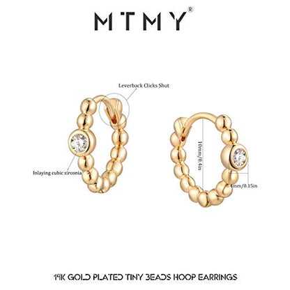 Huggie Hoop Earrings 14K Gold Plated Cubic Zirconia Dainty Simple Cute Beads Elegant CZ Circle Small Hoop Earring for Women Minimalist Handmade Hypoallergenic Jewelry - color: Beaded CZ