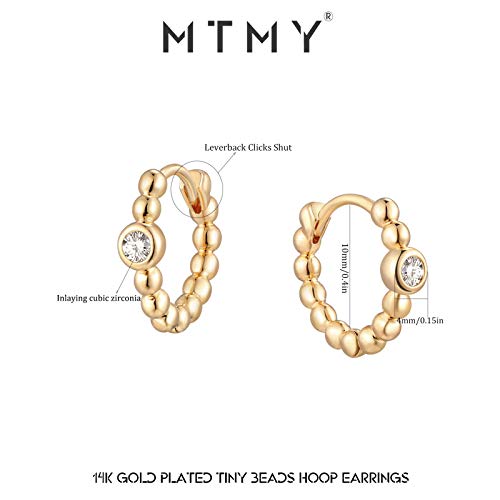 Huggie Hoop Earrings 14K Gold Plated Cubic Zirconia Dainty Simple Cute Beads Elegant CZ Circle Small Hoop Earring for Women Minimalist Handmade Hypoallergenic Jewelry - color: Beaded CZ