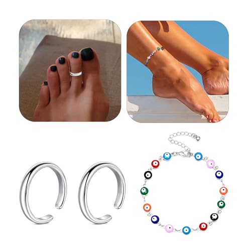 Briana Williams Toe Rings for Women Gold Silver Toe Ring Non Tarnish Ankle Bracelets for Women Waterproof Anklet & Toe Ring Set Trendy Summer Beach Foot Jewelry - color: B1 -2pcs toe rings + anklets, silver