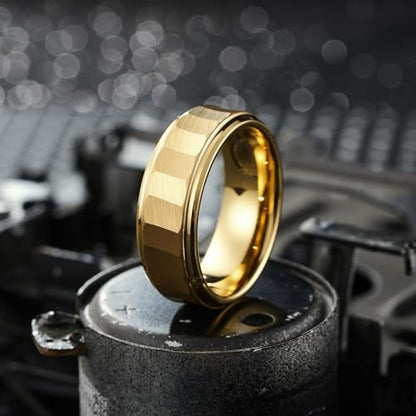 King Will Classic Tungsten Carbide Ring Brushed Two Grooved Center Hammered Design Mens Wedding Band for Men | Black/Silver/Gold, 8mm, Men's Wedding Band, Grooved, Comfort Fit, Everyday Wear - color: D-Gold Hammerd Design