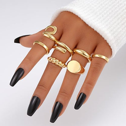 FAXHION 12PCS Gold Stackable Rings Set for Women, 18K Gold Plated Open Stacking Knuckle Ring, Adjustable Chunky Signet Band Statement Ring for Gift - color: 1-Gold-12pcs