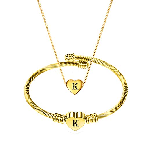 MYNENEY Necklace and Bracelet for Women Stainless Steel Initial Jewelry Set - color: Gold-K