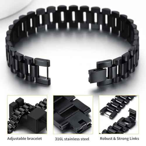 ChainsHouse Men Stainless Steel Bracelet Adjustable Custom ID Engraved Gift | Personalized Silver/Gold/Black for Birthday Father Husband Boyfriend with Gift Box Adjustable Tool 10mm/15mm/15.5mm 8.3"/8.7" - color: O.15.5mm Width-Black-No Custom