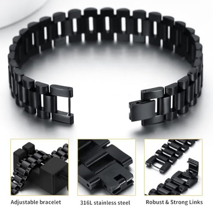 ChainsHouse Men Stainless Steel Bracelet Adjustable Custom ID Engraved Gift | Personalized Silver/Gold/Black for Birthday Father Husband Boyfriend with Gift Box Adjustable Tool 10mm/15mm/15.5mm 8.3"/8.7" - color: O.15.5mm Width-Black-No Custom