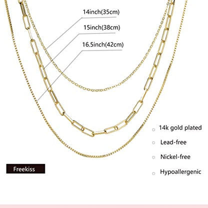Freekiss Layered Necklace Set for Women Stackable | Herringbone Snake Cuban Rope Chain, Dainty Choker, Layered Stackable, Non Tarnish, Hypoallergenic, Adjustable 14-18.5" - color: Gold, style: Paperclip+O Chain+Box Chain