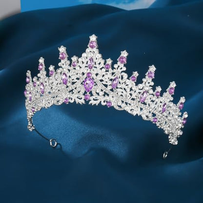 Crystal Crown Jewelry Set for Women Bride Queen Tiara Earrings and Necklace | Metal Royal Crown Costume Jewelry Set Wedding Prom Quinceanera Party Pageant Halloween Retirement Christmas Birthday Gift - color: Silver Purple