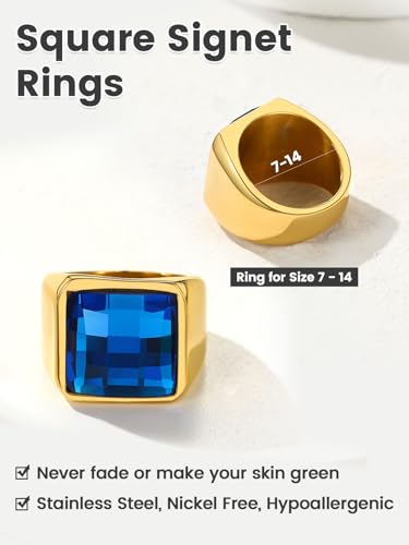 KeyStyle Square Gemstone Signet Rings for Men, Personalized Stainless Steel Pinky Ring with Black Onxy Blue Topaz Birthstone Statement Ring - color: Gold - Blue Topaz - 15mm