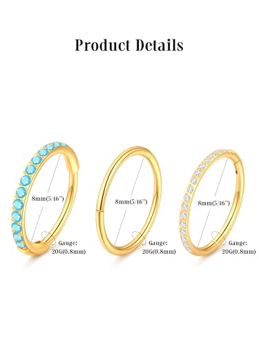 Oveta 3PCS 20G Nose Rings Hoop 8mm, Surgical Steel Tragus Helix Conch Piercing Jewelry Higned Segment Clicker Cartilage Hoop Earrings for Women Men, Silver/Gold - color: Gold