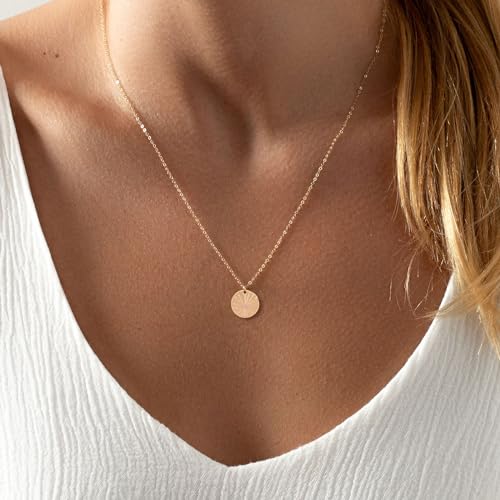 HANLI 14K Gold Plated Necklaces for Women - Dainty Butterfly, Star of David, Moon and Star, Sun, Lotus, Infinity, Hummingbird, Bee,Boots,Chill,Sunflower Pendant Designs - Elegant Jewelry for Women - color: Disk Sun