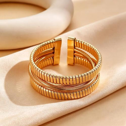 Chunky Gold Layered Cuff Bracelet for Women Men, Modern Geometric Textured Twisted Wide Open Bangle Bracelet Y2k Trendy Statement Jewelry Punk Gifts - color: Golden