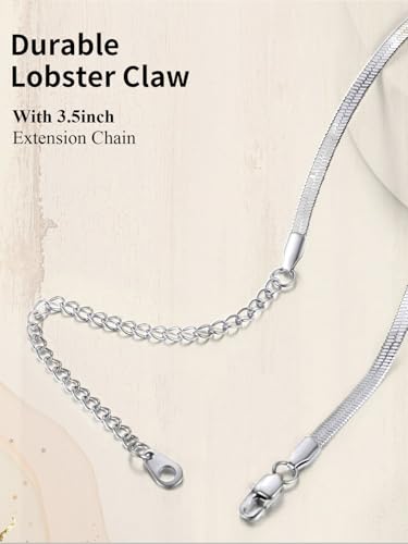 ChainsHouse Flat Snake Chain Herringbone Choker Necklace for Women, Stainless Steel/Rose Gold/18K Gold Plated Dainty Adjustable Simple Short Layered Necklaces, 12"/15"/18" with 3.5" Extender - color: a. stainless-3mm