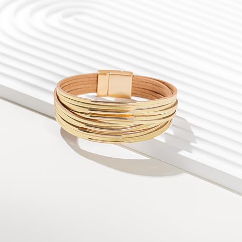 Gold Tube Leather Wrap Bracelets Boho Chunky Stackable Layered Western Cuff | Stacked Bohemian Cool Magnetic Clasp Bangles Statement Cowgirl Hippie Country Festival Accessories for Women Trendy - color: Gold