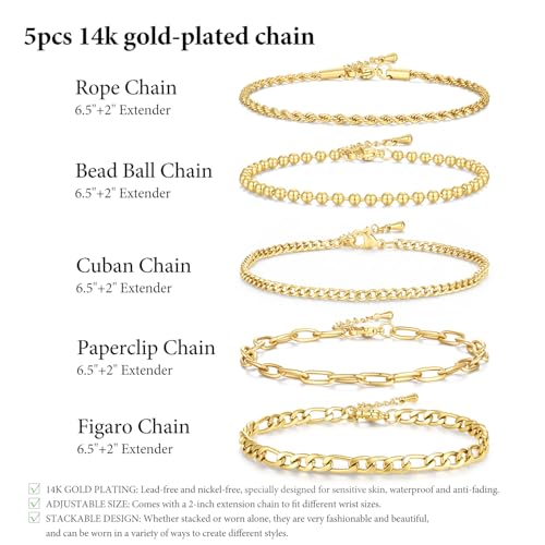 Gold Bracelet for Women Waterproof, 14K Gold Plated Stackable Link Bracelet Set Adjustable Paperclip Chain Cuban Rope Layered Jewelry Sets for Womens Mom Mother's Day Fashion Accessories