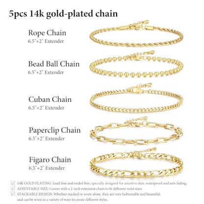 Gold Bracelet for Women Waterproof, 14K Gold Plated Stackable Link Bracelet Set Adjustable Paperclip Chain Cuban Rope Layered Jewelry Sets for Womens Mom Mother's Day Fashion Accessories