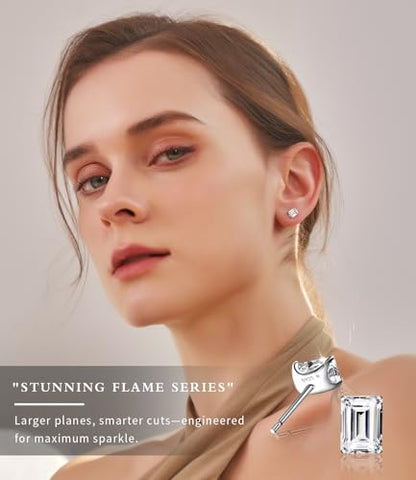 "STUNNING FLAME" Trillion-cut/Cushion-cut/Emerald-cut/Marquise-cut ... 18K White Gold Plated Sterling Silver Cubic Zirconia Simulated Diamond Stud Earrings for Women - color: Emerald-Cut, size: small-white gold plated silver
