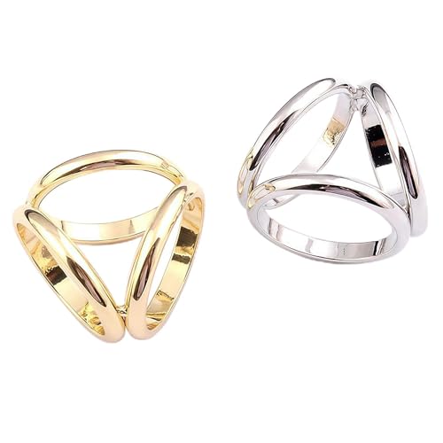 2PCS(Golden + Silver) Women Lady Girls Three Ring Fashion Scarf Ring Buckle Modern Simple Triple Slide Jewelry Silk Scarf Clasp Clips Clothing Wrap Holder
