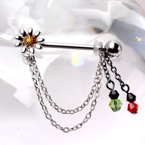 316L Stainless Steel Chained Flower & Beads Nipple Shield Sold As Pair