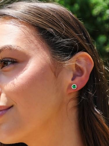 Suplight 925 Sterling Silver Birthstone Stud Earrings for Women, Round/Heart/Teardrop/Square Crystal Diamond Earrings for Women, Dainty Birthday Gifts Jewelry - color: style a-05. round-May(Created Emerald)