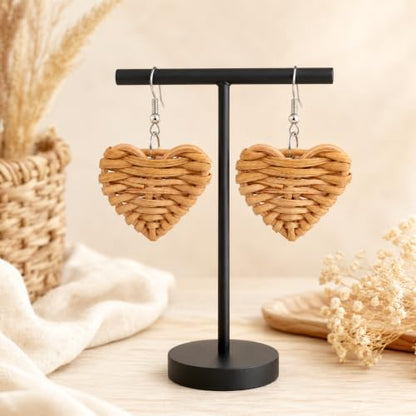 Handmade Rattan Teardrop Dangle Earrings for Women, Lightweight Boho Woven Statement Earrings with Gold Fish Hook, Natural Straw Weave Vacation Jewelry for Summer Beach - style: Heart