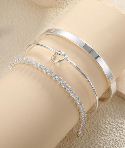 ZOERAY Silver Gold Bangle Bracelets for Women Non Tarnish 14k Gold Plated Stackable Cuff Bracelets for Women Trendy Cubic Zirconia Stainless Steel Chunky Bracelet Stack Set Waterproof Jewelry Gifts - color: A.Knot-Silver