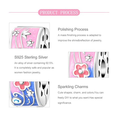 925 Sterling Silver Bead Charm for Pandora Bracelets and Necklaces,Pink Bow Cherry Butterfly Blue Ocean Pendant Bead Charms Jewelry Present Valentines Gifts for Wife/Girlfriend Women - style: Flower Secure Clip spacer stopperBead