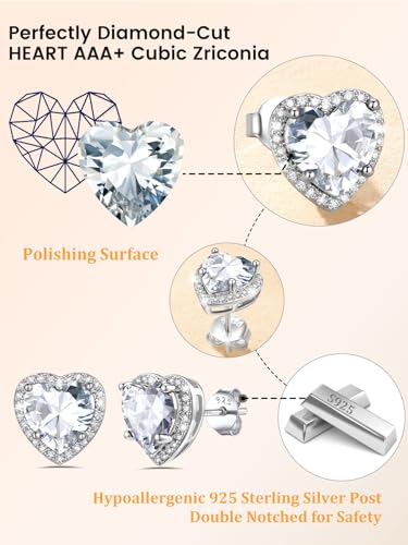 Bestyle Authentic 925 Sterling Silver 2 Carat Birthstone Earrings for Women, More Sparkle Heart/Round Solitaire Diamond Studs Earrings, Great Birthday/Christmas/Anniversary Jewelry for Wife Mother - color: 04. April Rhinestone-Heart