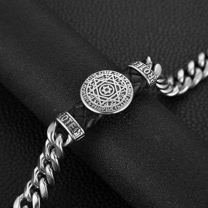 HZMAN 8.5Inch Cuban Link Bracelet for Men Silver Stainless Steel Heavy Biker Link Bracelet - color: Seal of Solomon