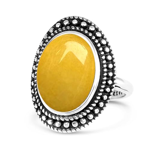 Retro Sterling Silver Stone Ring,Antique Natural Real Oval Crystal Quartz Gemstone Boho Bohemian Ring Jewelry for Women - color: A10_Yellow Citrine Quartz