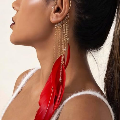 Feather Earrings for Women Ear Cuffs Long Tassel Boho Clip Earrings Red White Non Piercing Earring Statement Jewelry Birthday Prom Jewelry Gifts - color: A3:red tassel feather ear clips