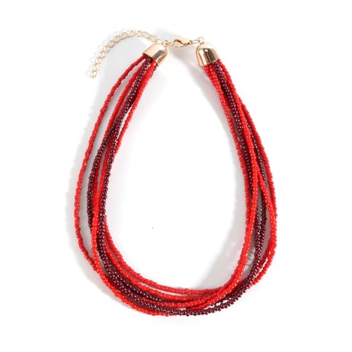Colorful Multi-layered Seed Beaded Necklace Choker For Women Bohemian Handmade Crystal Stone Gemstone Hawaiian Necklace Holiday Birthday Summer Beach Jewelry Gift - color: Red