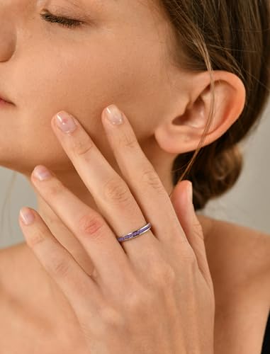 YL Stackable Rings 925 Sterling Silver Halo Birthstone Eternity Bands Jewelry for Women - color: 02-amethyst-Feb
