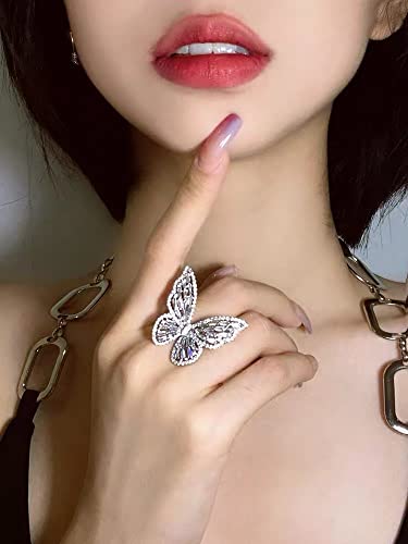 Butterfly Rings for Women Adjustable Golden Cocktail Ring Sparkly Stones Statement Silver Bow Open Wrap Bow Jewelry Bridesmaids Wedding Valentine’s Day Gift Lover Mother - color: JZ03-Silver